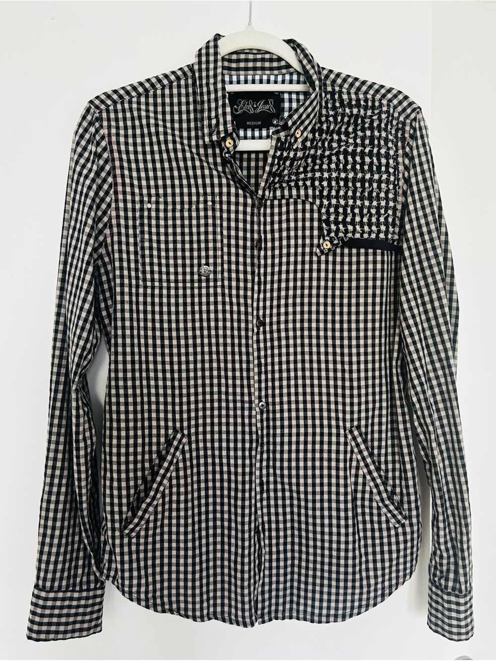 Black & White Gingham Button-Up Shirt with Textured Chest Accent